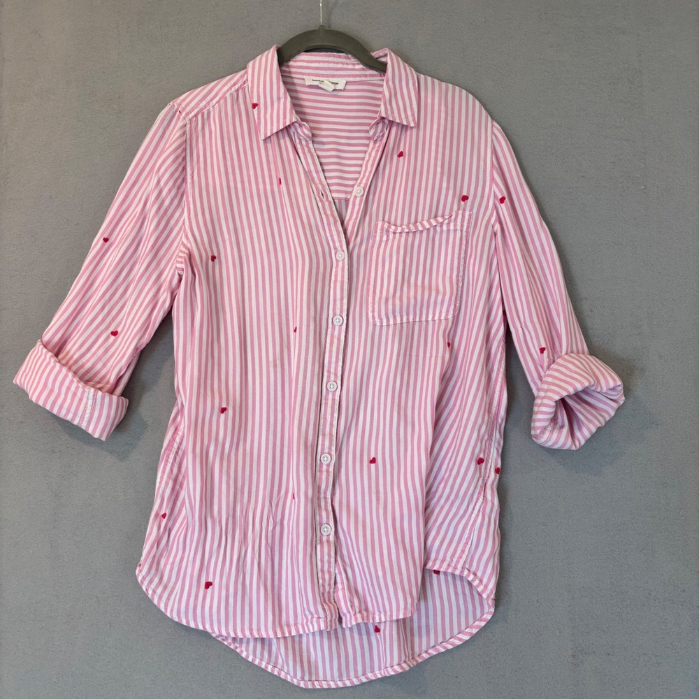 Beachlunchlounge Pink White Striped Heart Embroidered Button Down Shirt Medium